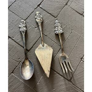 Vintage International Silver Snowman Christmas Tree Santa Clause Serving Set